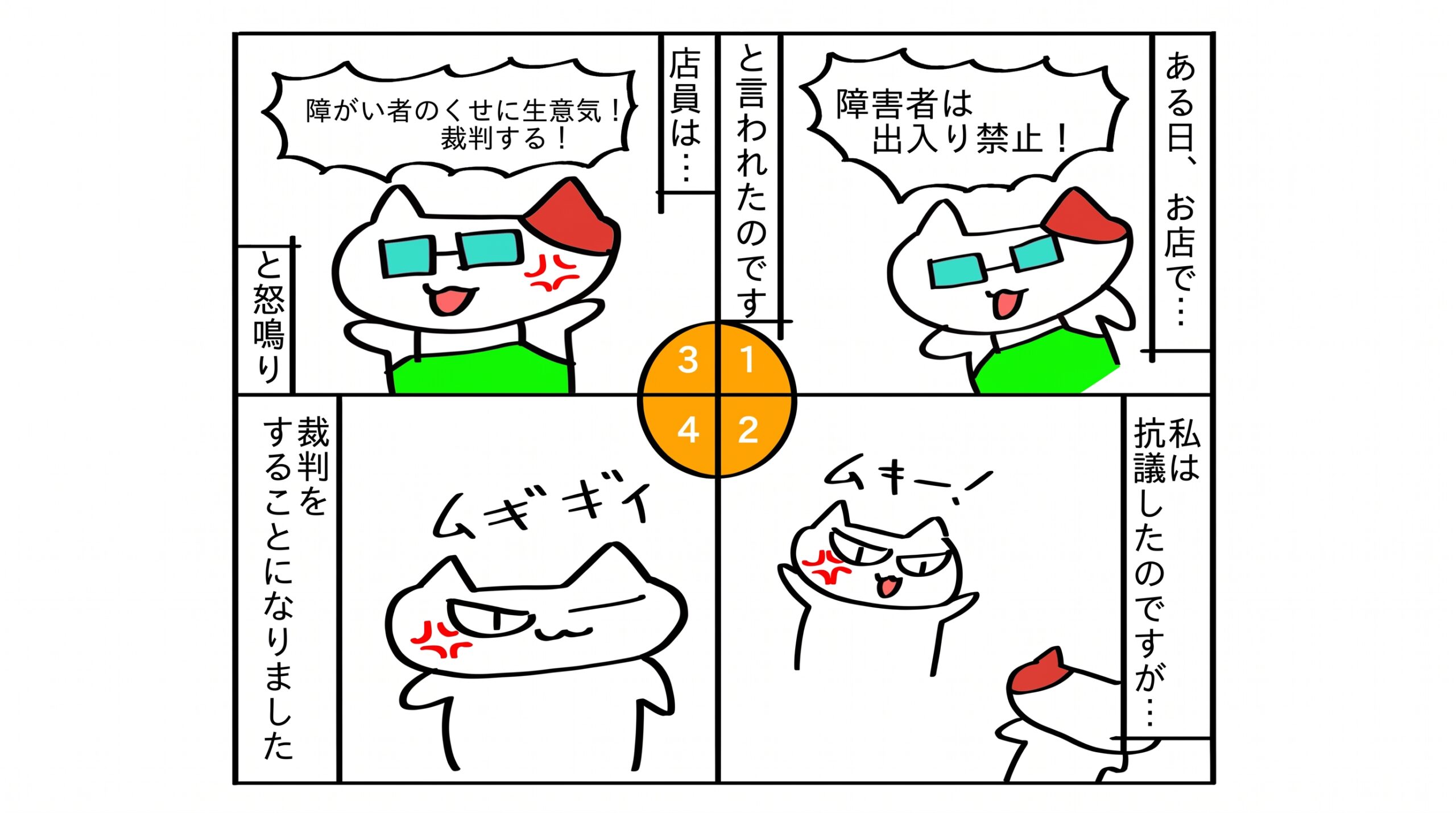 ある日、筆者(障がい者)が入店拒否に遭い、抗議をしましたが、店員からは「障がい者のくせに生意気だ。裁判する」と言われ、裁判することになった。